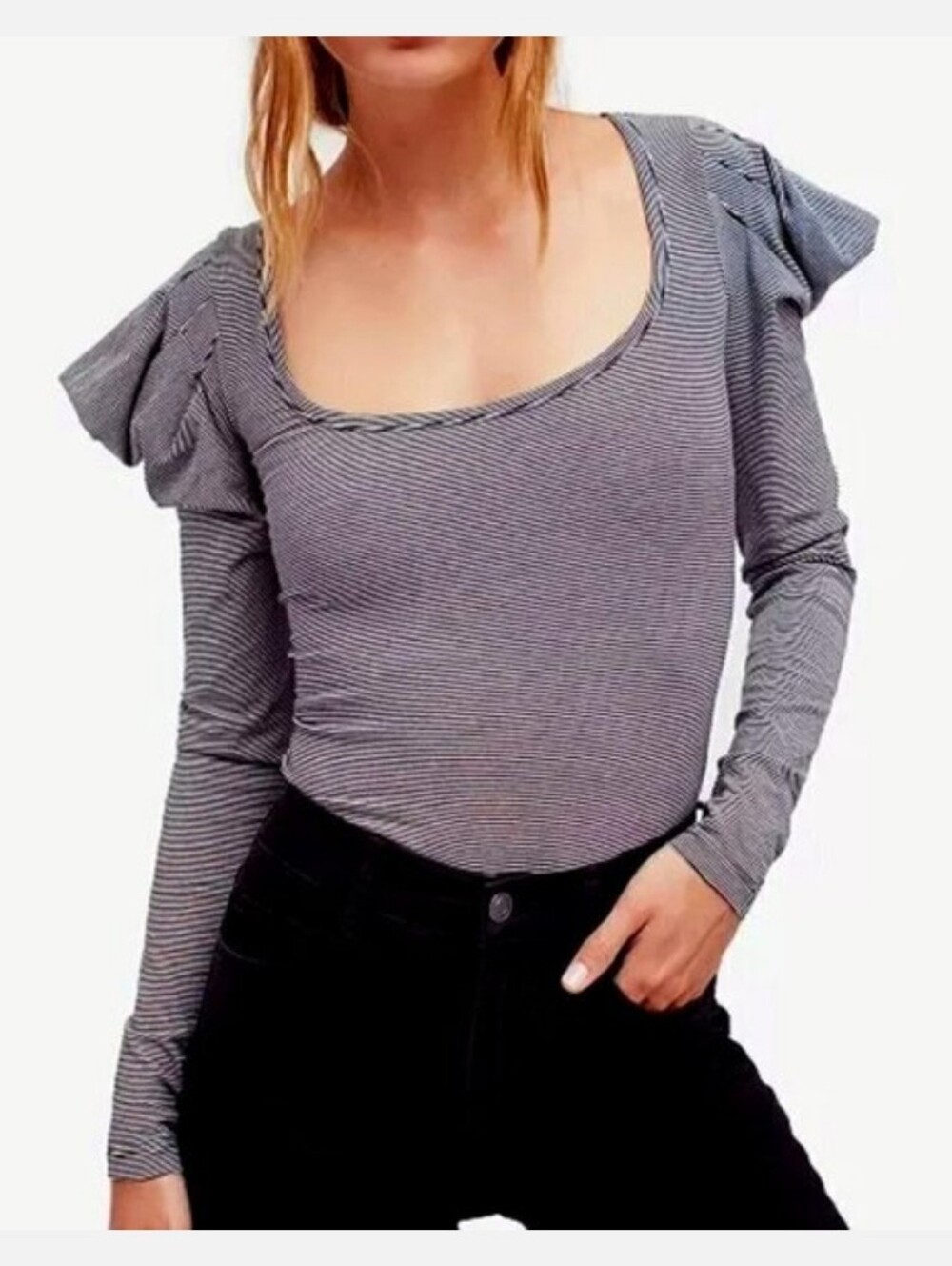 Free People Gray Striped Scoop Neck Puff Sleeves, Size Small